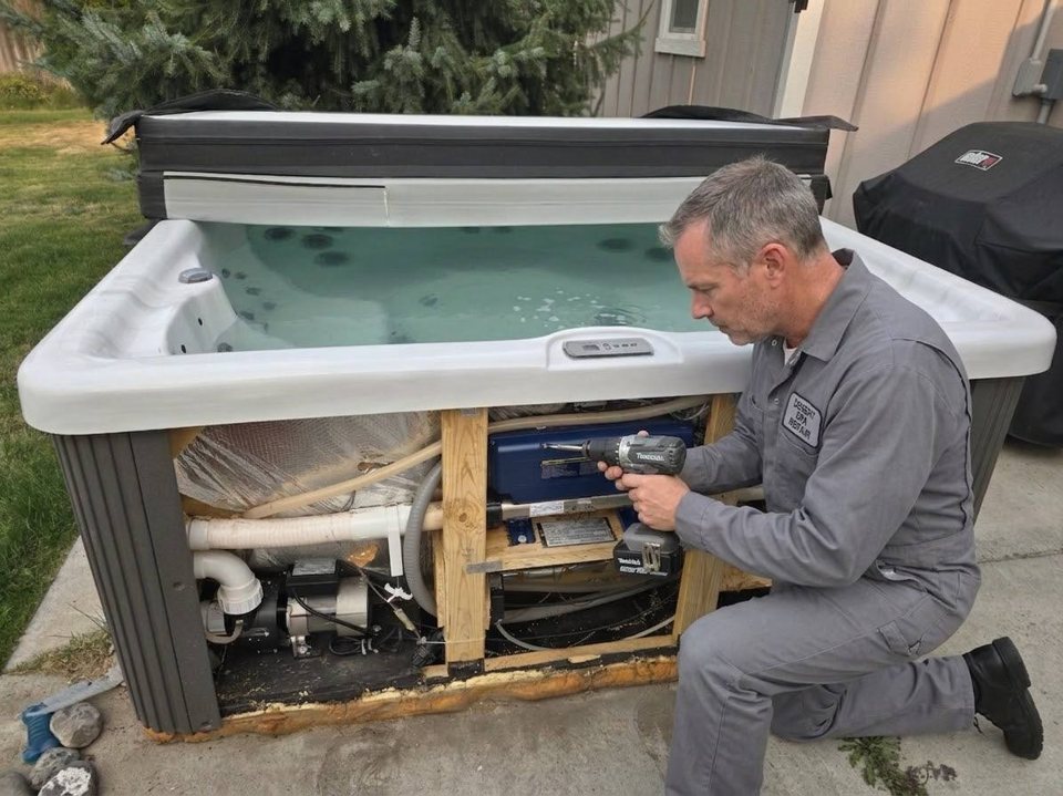 Carlos driving out an equipment-bay panel on a square spa
