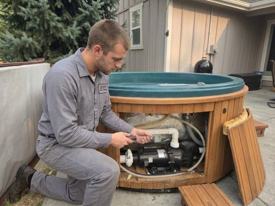 Jake tracing a pump union on a round cedar tub