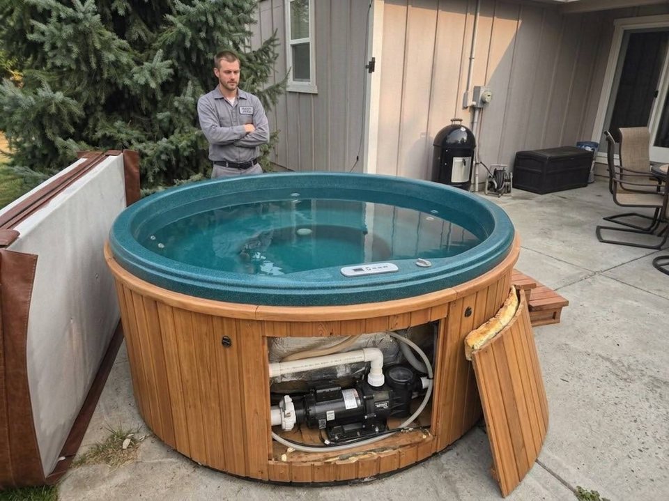Jake sizing up a cedar-skirted spa before the first reading